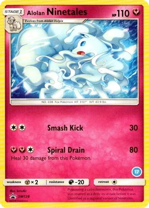 Alolan Ninetales SM128, Non Holo 17 Alolan Ninetales Deck stamp, owner-provided image