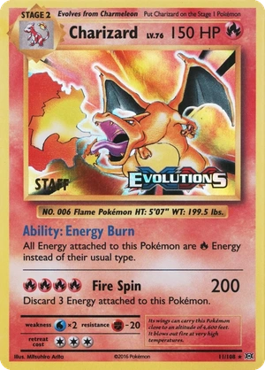 Charizard 11/108, Staff prerelease, owner-provided image