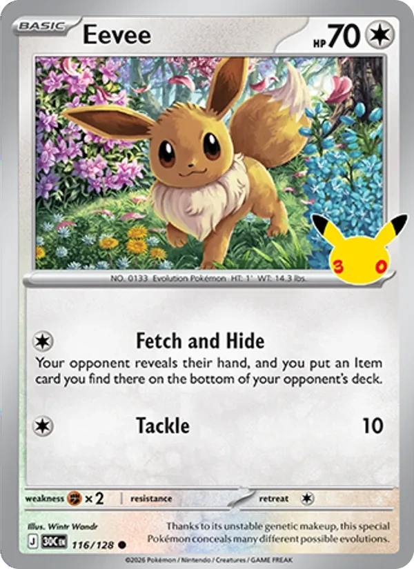 Eevee 116/128, 30th Celebration English Holofoil, card art reference