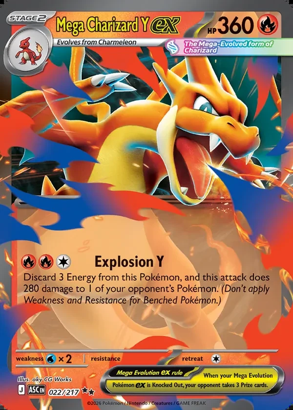 Mega Charizard Y 022/217, Ascended Heroes English Print with "Play! Pokémon" stamp, card art reference