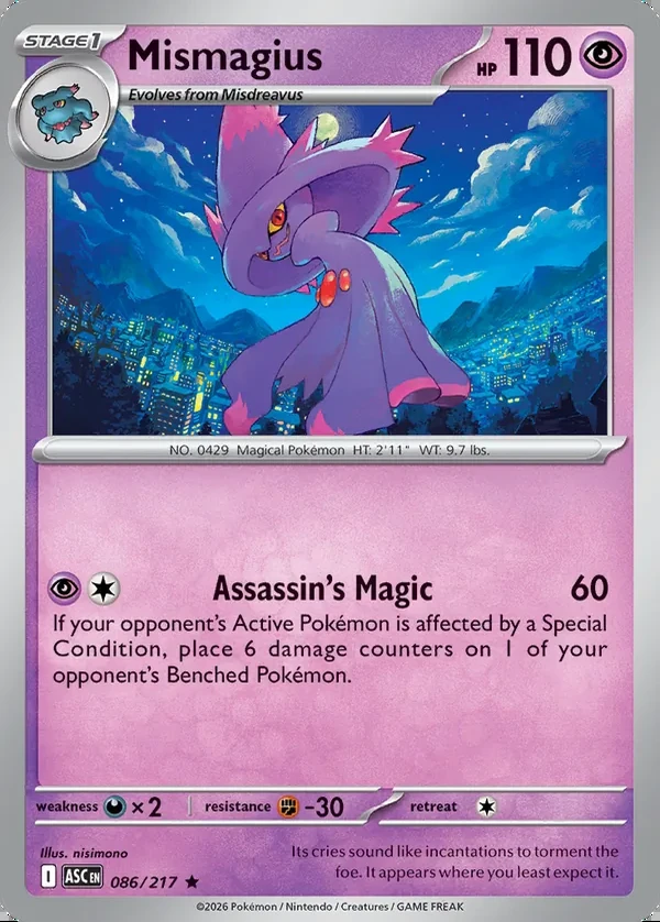 Mismagius 086/217, Ascended Heroes English Print with "Play! Pokémon" stamp, card art reference
