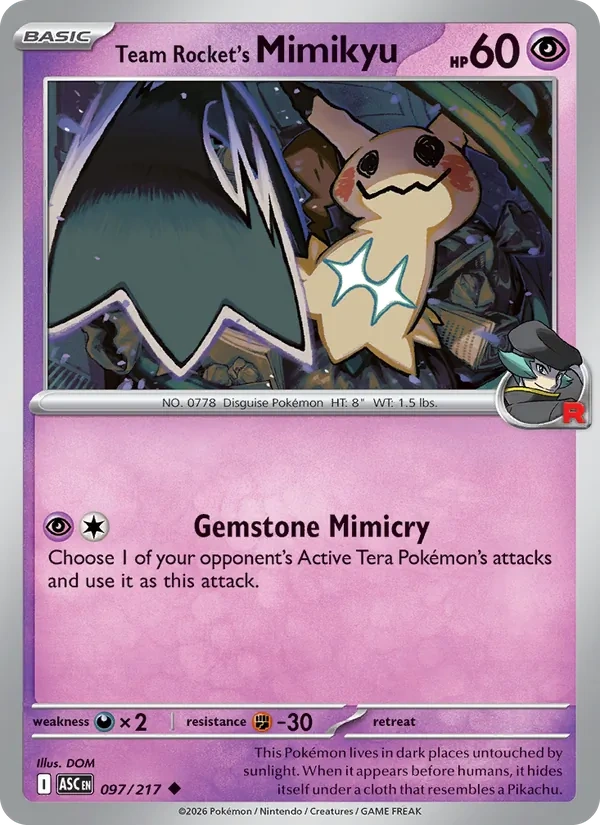 Team Rocket's Mimikyu 097/217, Ascended Heroes English Cosmos Holofoil, card art reference