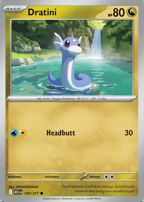 Dratini 150/217, Ascended Heroes English Print with "Play! Pokémon" stamp, card art reference
