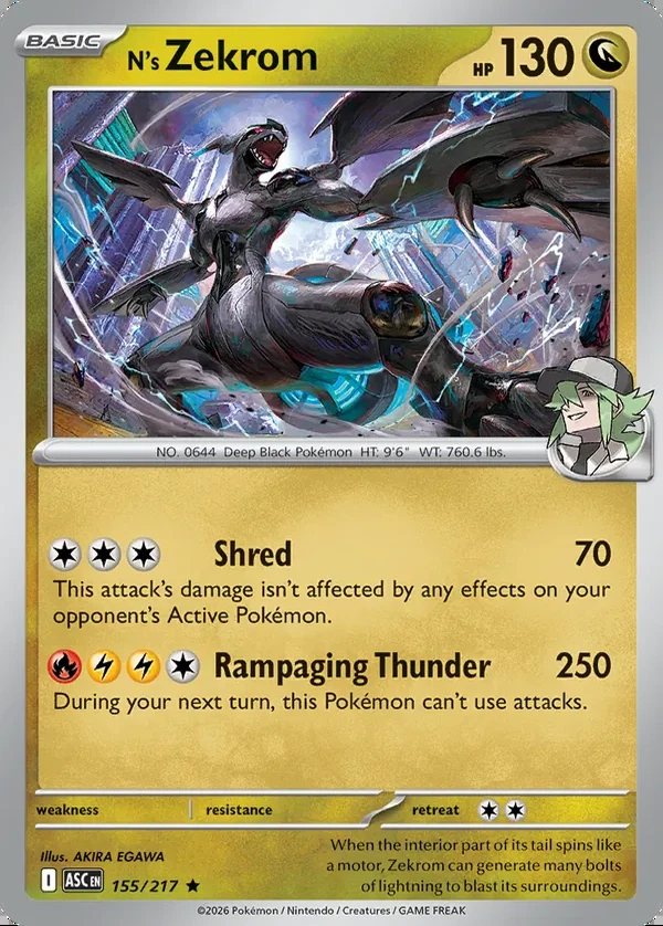 N's Zekrom 155/217, Ascended Heroes English Print with "Play! Pokémon" stamp, card art reference