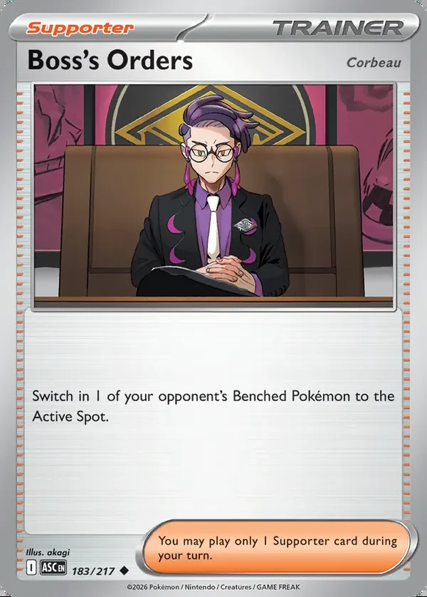 Boss's Orders 183/217, Ascended Heroes English Print with "Play! Pokémon" stamp, card art reference