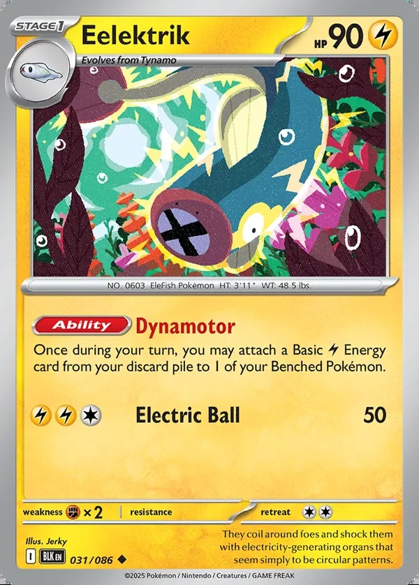 Eelektrik 031/086, Black Bolt English Print with "Play! Pokémon" stamp, card art reference