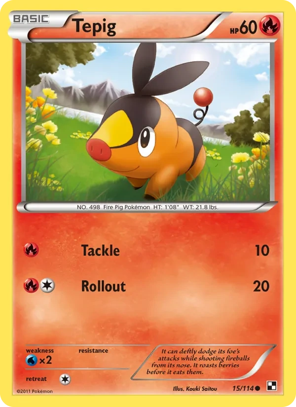 Tepig 15/114, Black & White English Cosmos Holofoil, card art reference