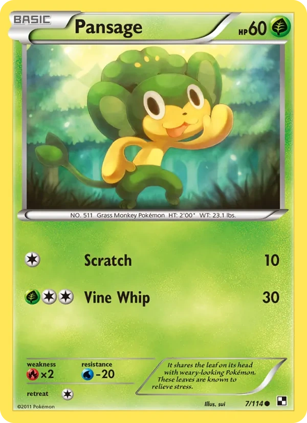Pansage 7/114, Black & White English Energy Reverse Holofoil, card art reference
