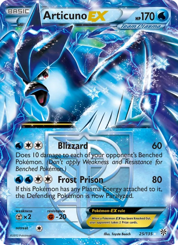 Articuno-EX 25/135, Plasma Storm English Sheen Holofoil, card art reference