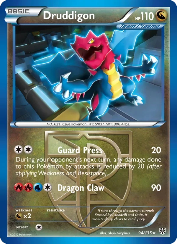 Druddigon 94/135, Plasma Storm English Cracked Ice Holofoil, card art reference