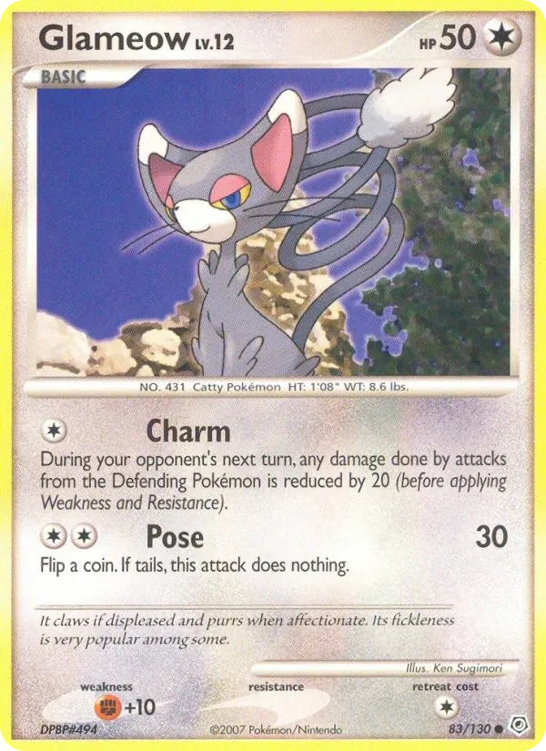 Glameow 83/130, Diamond & Pearl English Gold snowflake stamp, card art reference