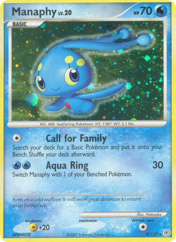 Manaphy 9/130, Diamond & Pearl English Reverse Holofoil "Diamond & Pearl" stamp, card art reference