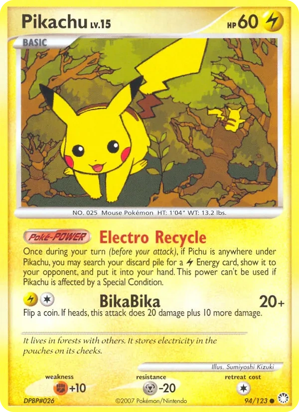 Pikachu 94/123, Mysterious Treasures English Reverse Holofoil "Diamond & Pearl" stamp, card art reference