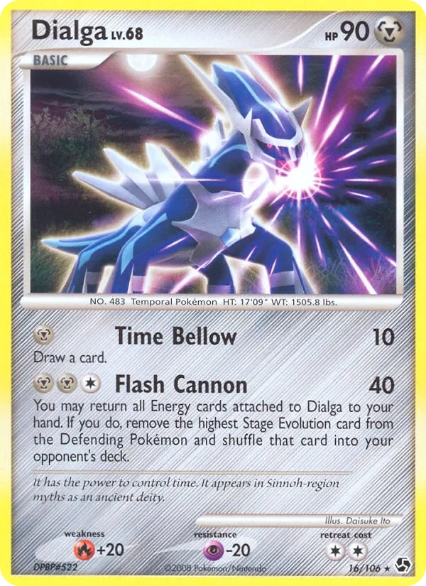 Dialga 16/106, Great Encounters English Reverse Holofoil "Platinum" stamp, card art reference