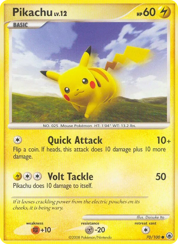 Pikachu 70/100, Majestic Dawn English Reverse Holofoil "Platinum" stamp, card art reference