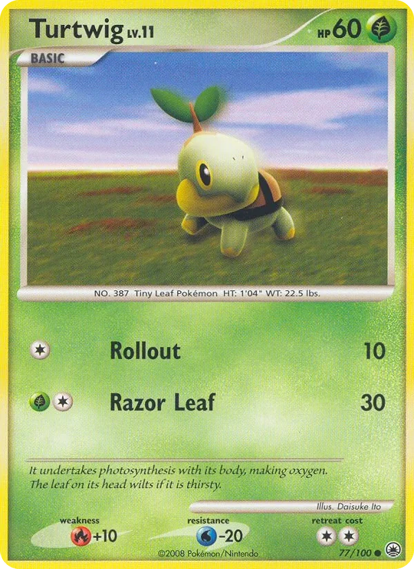 Turtwig 77/100, Majestic Dawn English Reverse Holofoil "Platinum" stamp, card art reference