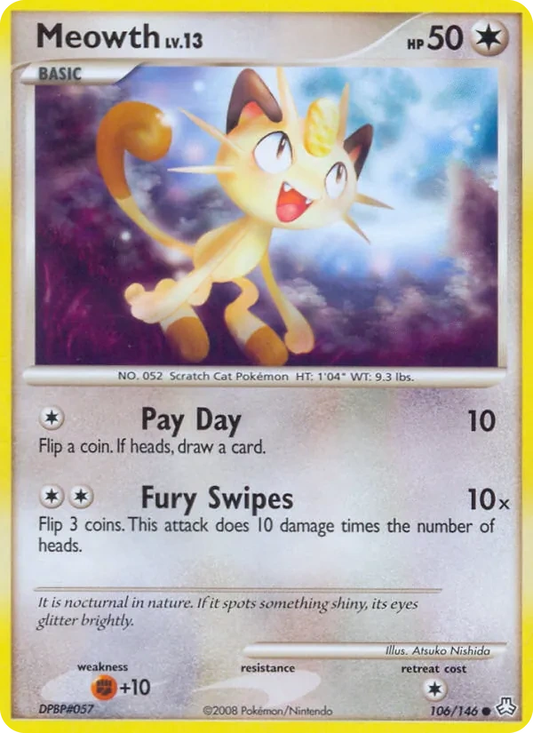 Meowth 106/146, Legends Awakened English Reverse Holofoil "Platinum" stamp, card art reference