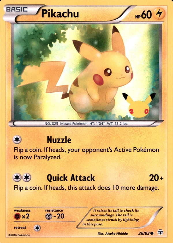 Pikachu 26/83, Generations English Holofoil "20th Anniversary" stamp, image provided by the catalog owner