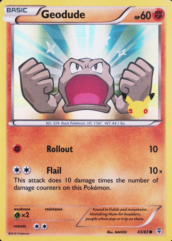 Geodude 43/83, Generations English Holofoil "20th Anniversary" stamp, image provided by the catalog owner