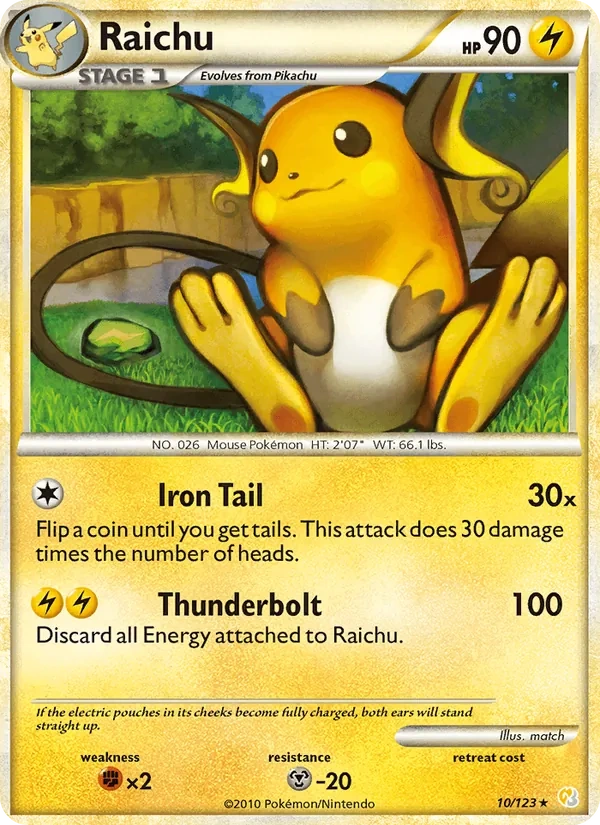 Raichu 10/123, HeartGold & SoulSilver English Cracked Ice Holofoil, card art reference