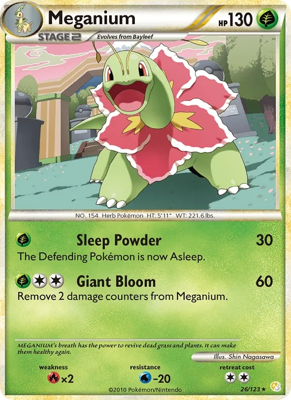 Meganium 26/123, HeartGold & SoulSilver English Cosmos Holofoil, card art reference