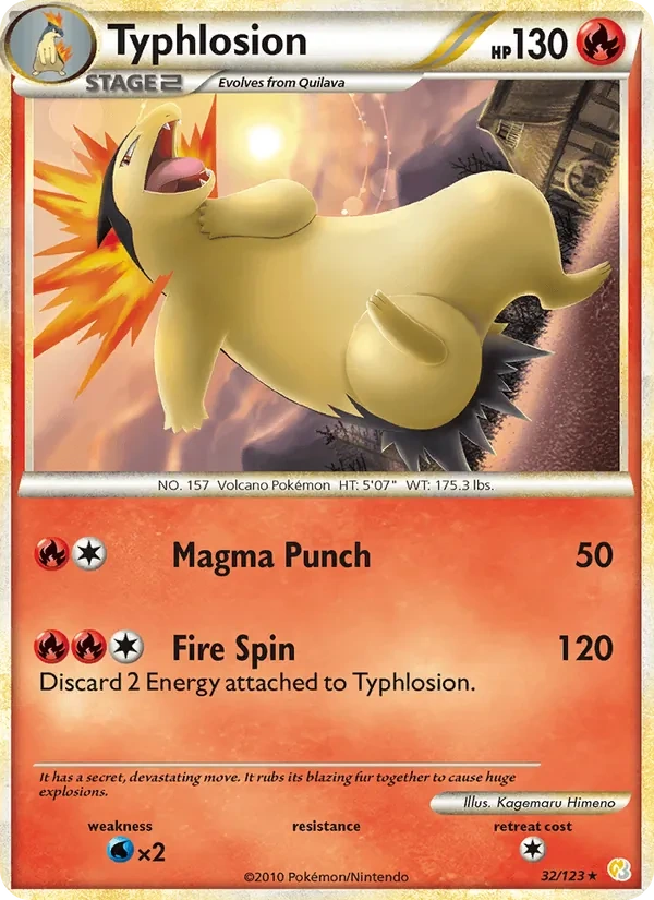 Typhlosion 32/123, HeartGold & SoulSilver English Cracked Ice Holofoil, card art reference