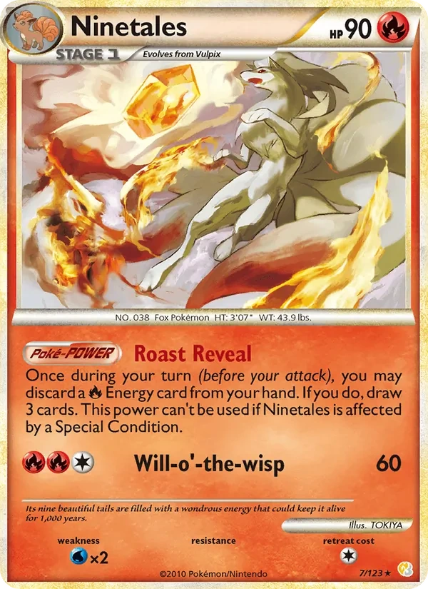 Ninetales 7/123, HeartGold & SoulSilver English Cracked Ice Holofoil, card art reference
