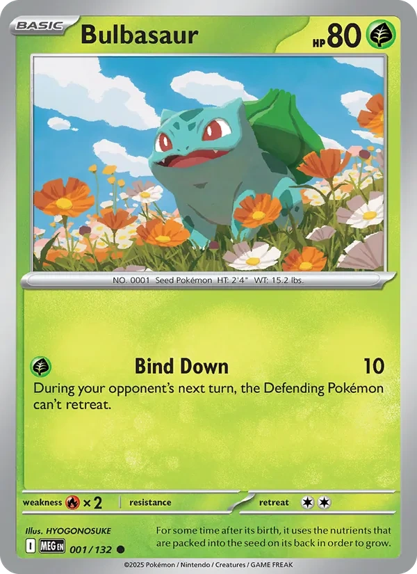 Bulbasaur 001/132, Mega Evolution English "Pokémon Day 2026" stamp, card art reference