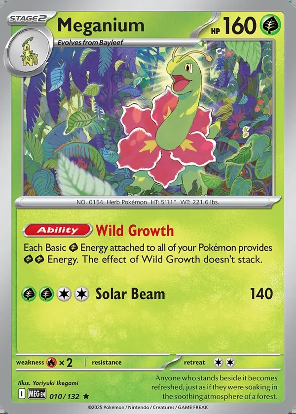 Meganium 010/132, Mega Evolution English Print with "Play! Pokémon" stamp, card art reference