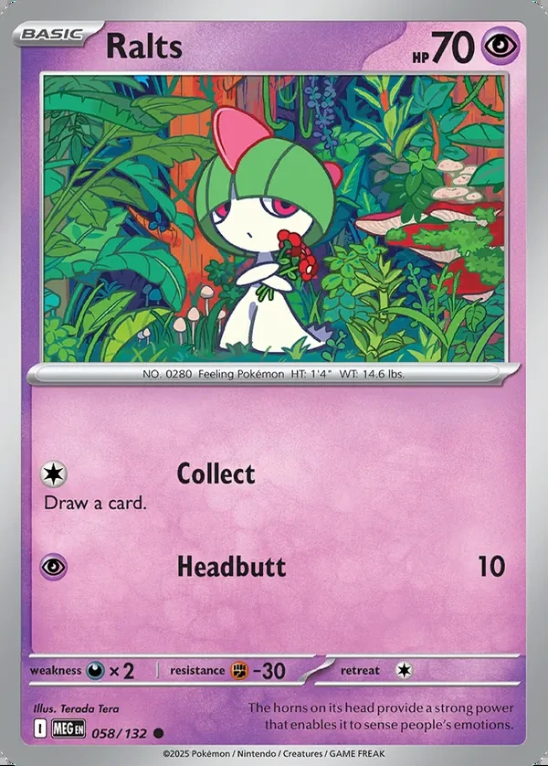 Ralts 058/132, Mega Evolution English Print with "Play! Pokémon" stamp, card art reference