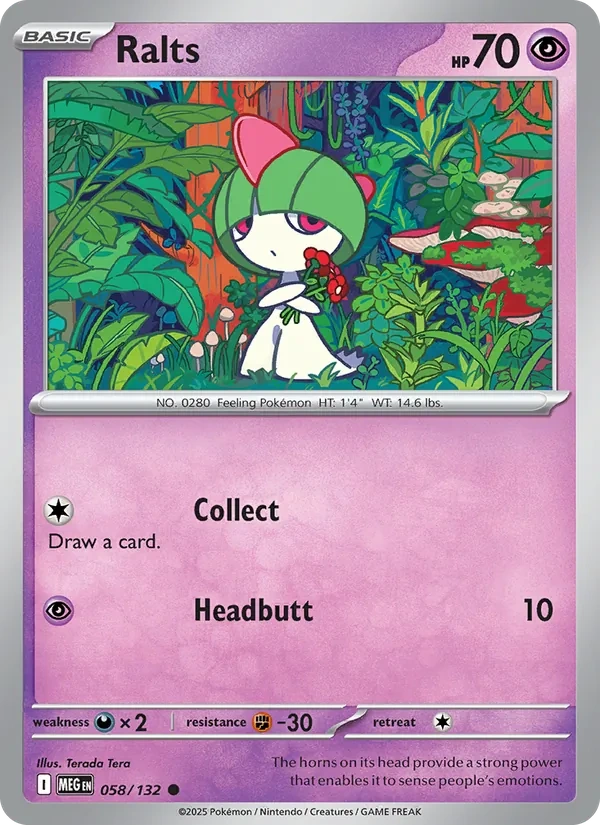 Ralts 058/132, Mega Evolution English Cosmos Holofoil, card art reference