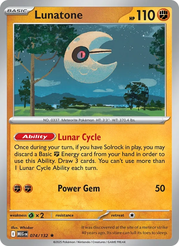 Lunatone 074/132, Mega Evolution English "Present Pack 2026" stamped print, card art reference