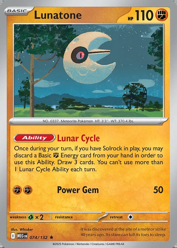 Lunatone 074/132, Mega Evolution English Print with "Play! Pokémon" stamp, card art reference