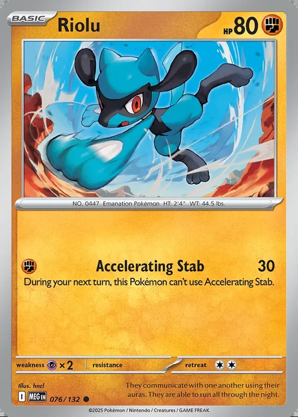 Riolu 076/132, Mega Evolution English Print with "Play! Pokémon" stamp, card art reference