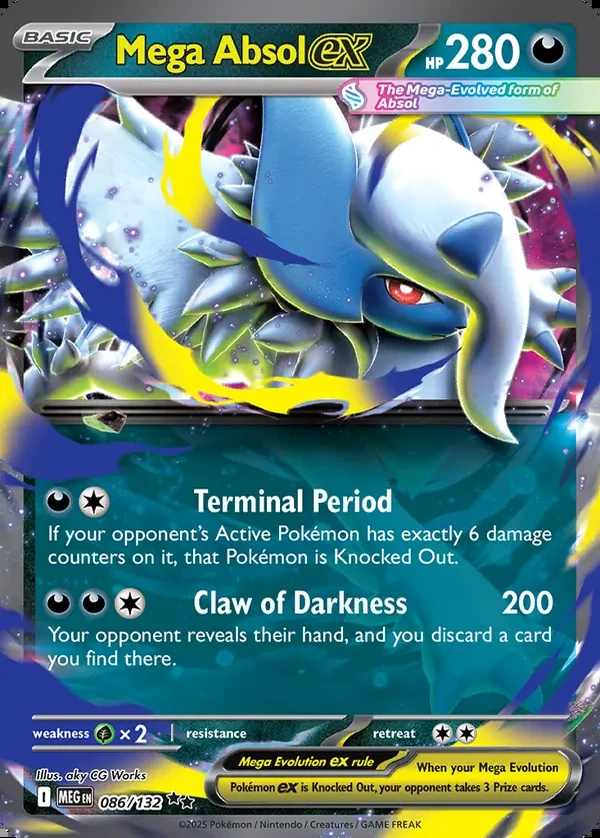 Mega Absol 086/132, Mega Evolution English Print with "Play! Pokémon" stamp, card art reference