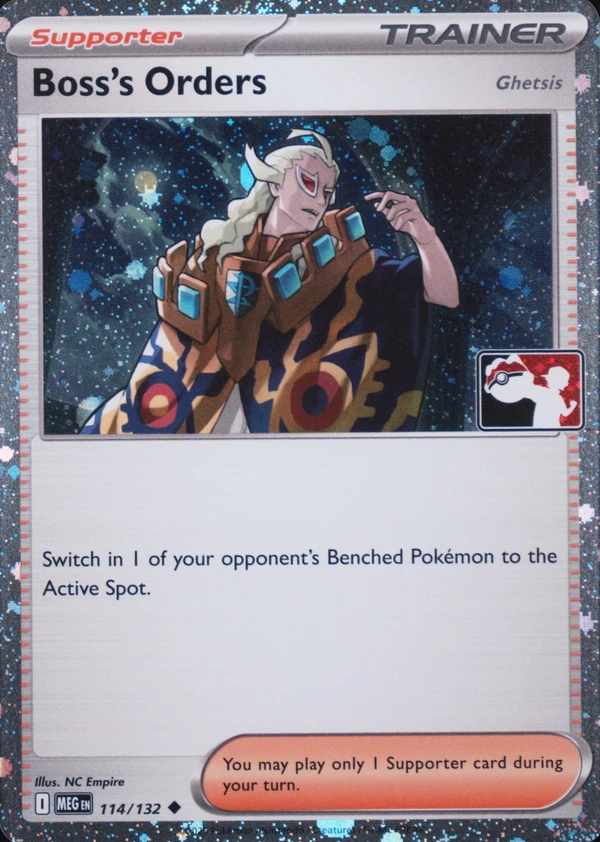 Boss's Orders 114/132, Mega Evolution English "Present Pack 2026" stamped print, card art reference