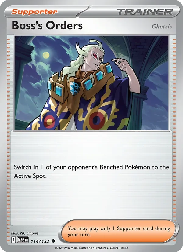 Boss's Orders 114/132, Mega Evolution English "Present Pack 2026" stamped print, card art reference