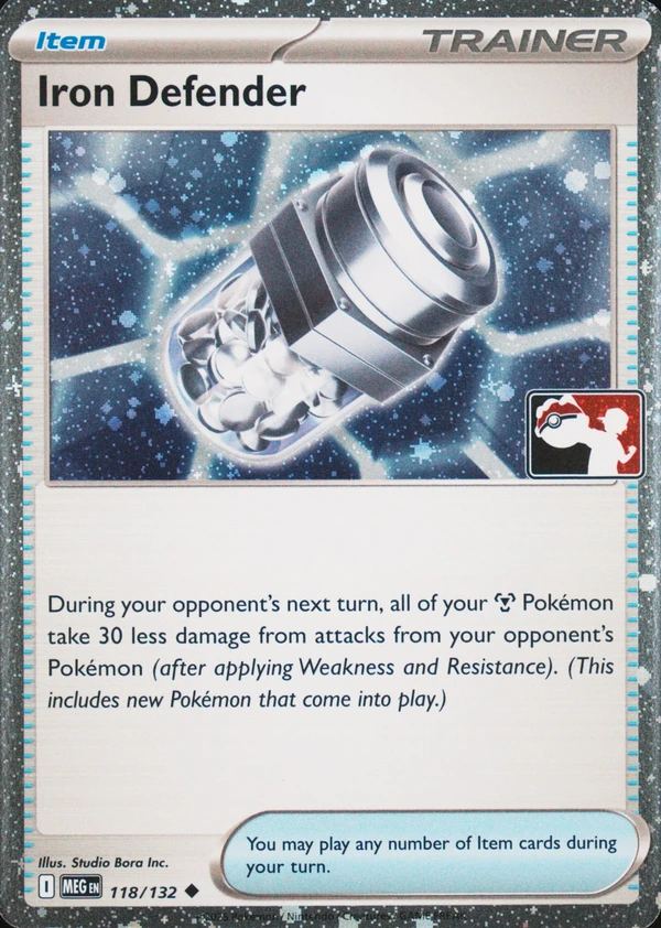Iron Defender 118/132, Mega Evolution English Cosmos Holofoil print with "Play! Pokémon" stamp, image provided by the catalog owner