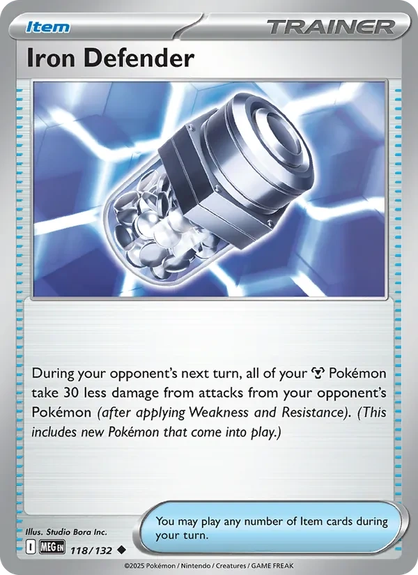Iron Defender 118/132, Mega Evolution English "Present Pack 2026" stamped print, card art reference