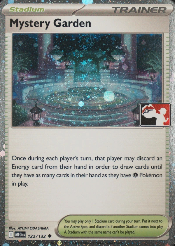 Mystery Garden 122/132, Mega Evolution English Cosmos Holofoil print with "Play! Pokémon" stamp, image provided by the catalog owner