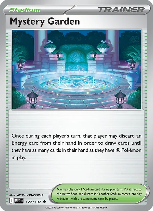 Mystery Garden 122/132, Mega Evolution English "Present Pack 2026" stamped print, card art reference