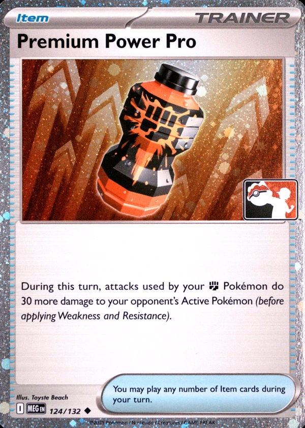 Premium Power Pro 124/132, Mega Evolution English Cosmos Holofoil print with "Play! Pokémon" stamp, image provided by the catalog owner