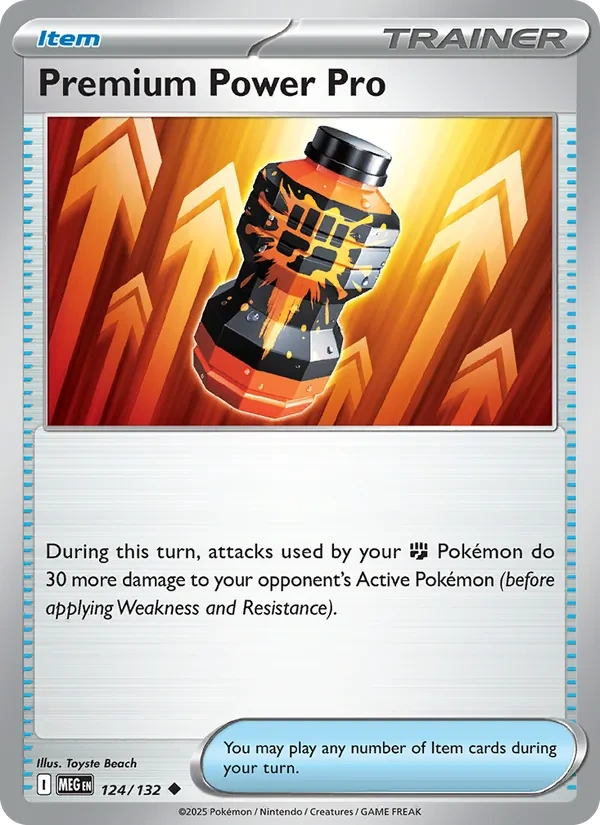 Premium Power Pro 124/132, Mega Evolution English "Present Pack 2026" stamped print, card art reference