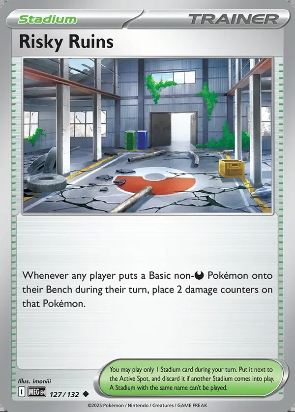 Risky Ruins 127/132, Mega Evolution English Print with "Play! Pokémon" stamp, card art reference