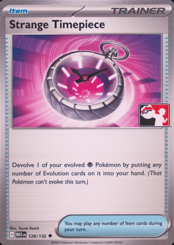 Strange Timepiece 128/132, Mega Evolution English Non Holo print with "Play! Pokémon" stamp, image provided by the catalog owner