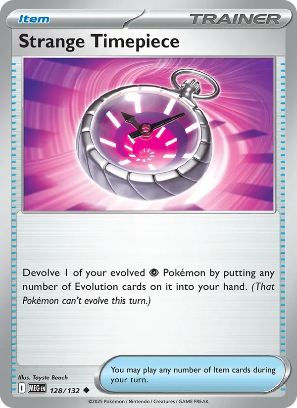 Strange Timepiece 128/132, Mega Evolution English "Present Pack 2026" stamped print, card art reference
