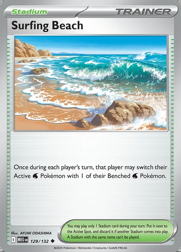 Surfing Beach 129/132, Mega Evolution English Print with "Play! Pokémon" stamp, card art reference