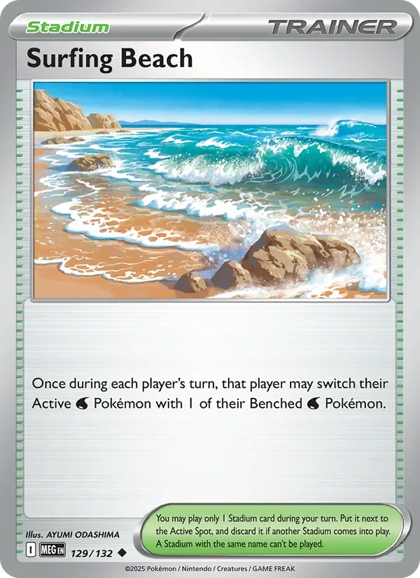 Surfing Beach 129/132, Mega Evolution English "Present Pack 2026" stamped print, card art reference