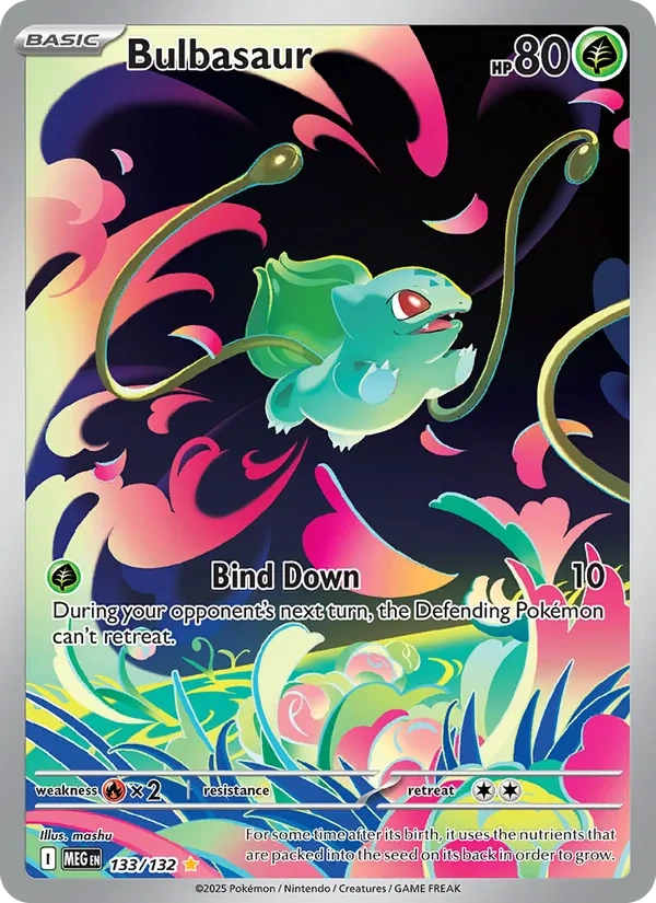 Bulbasaur 133/132, Mega Evolution English "Mega Evolution" stamp, card art reference