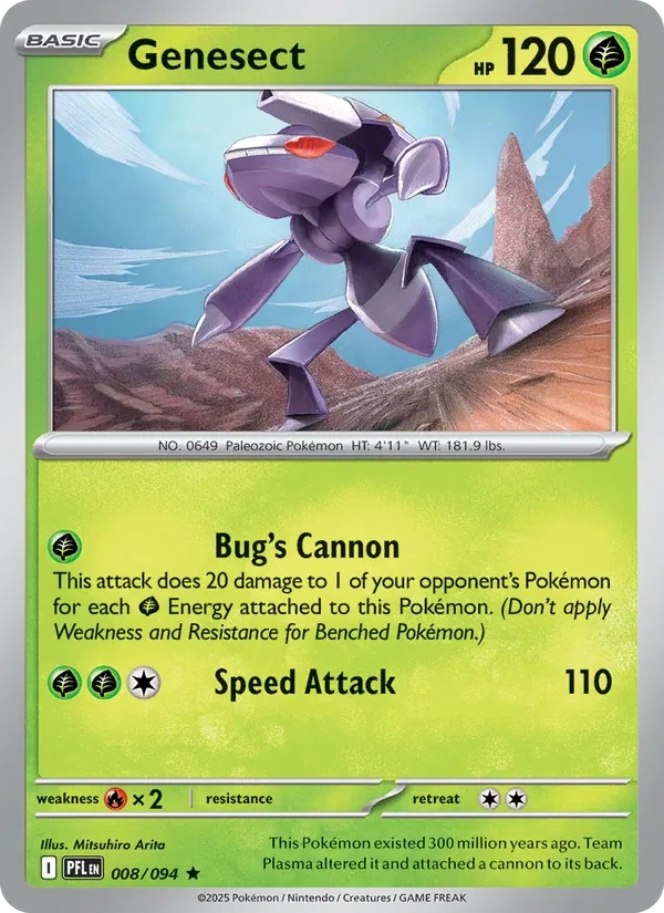 Genesect 008/094, Phantasmal Flames English Cosmos Holofoil "Asia Promo" stamp, card art reference